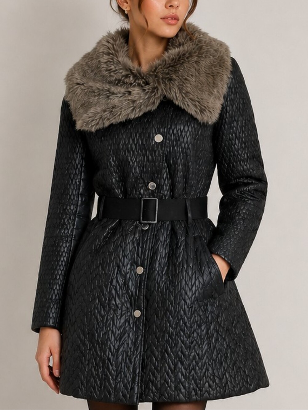Karen Millen Belted Faux Fur Collar Quilted long Coat size 8 Tailored Winter